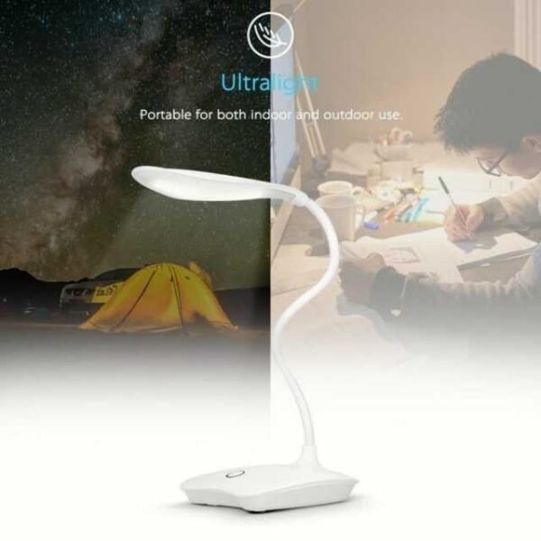 Rechargeable desk lamp for indoor and outdoor use, like studying or camping.