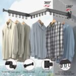 Retractable clothes hanger with 360 and 180 degree rotation features on stainless steel rack.