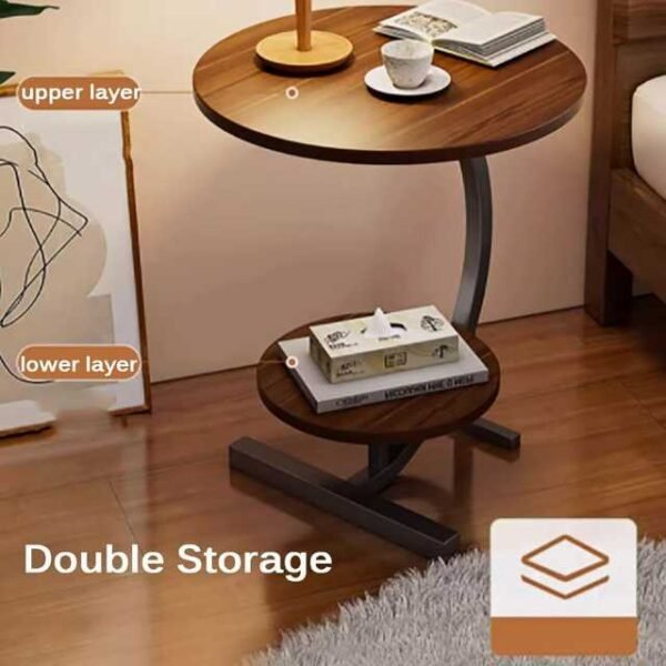 Modern bedside table with an upper and lower layer in a bedroom setting.