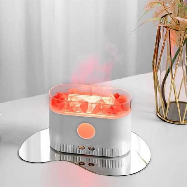 White salt lamp aroma diffuser with mist and relaxing salts.