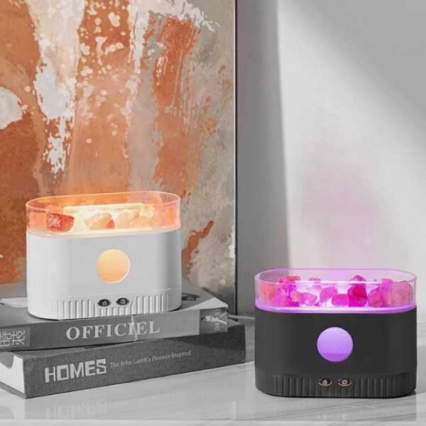 Light and grey salt lamp aroma diffusers stylishly placed at home.