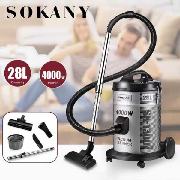 Sokany barrel vacuum cleaner with accessories: dust brush, crevice nozzle, and telescopic handle.