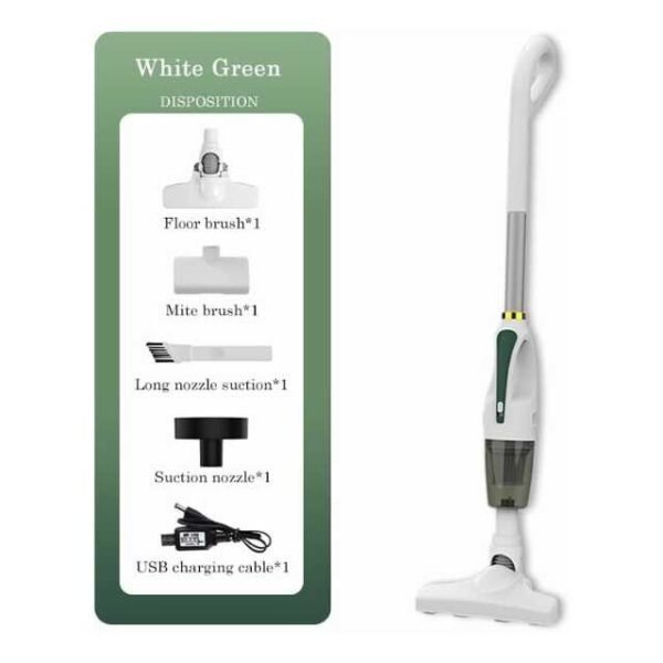 Cordless stick vacuum cleaner with accessories including floor brush, mite brush, and long nozzle suction.