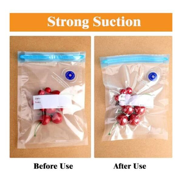 Strong suction of mini vacuum sealer shown before and after usage on bags.