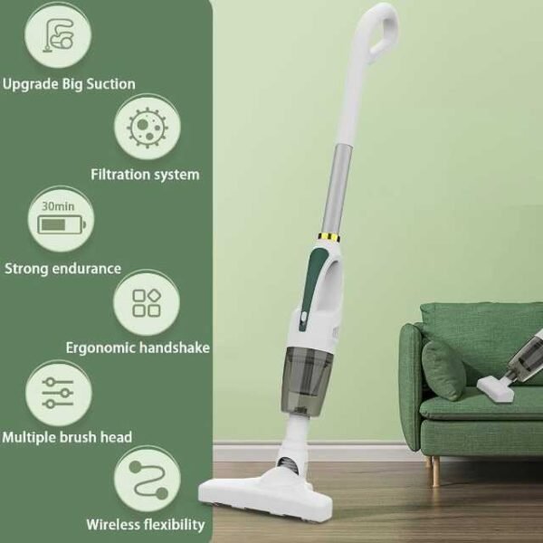 Cordless stick vacuum cleaner featuring high-efficiency filtration, 30-minute battery life, and ergonomic design.