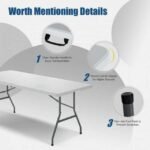 Foldable picnic table with handle, round corners, and non-slip foot pads.