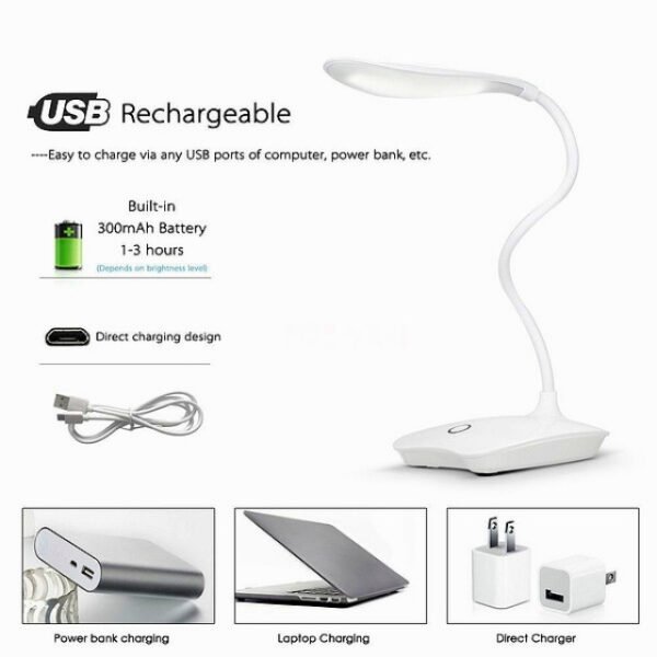 USB desk lamp with 300mAh battery capacity for 1-3 hours of use.