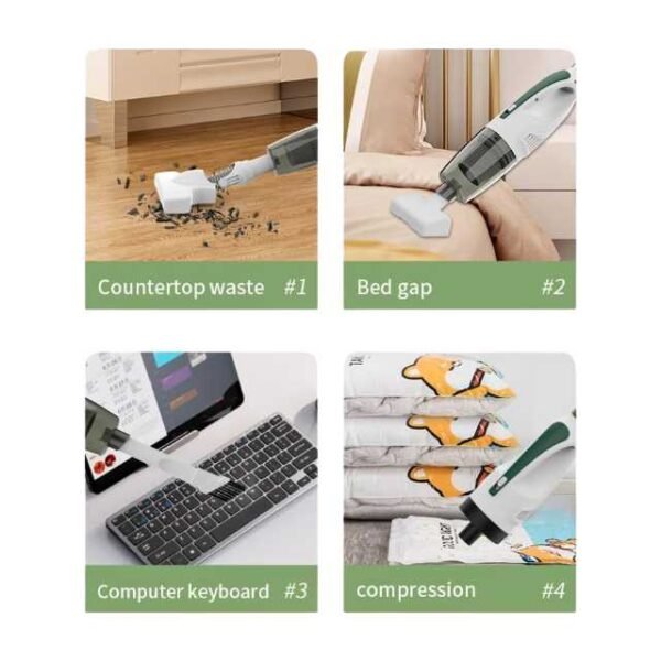 Versatile handheld vacuum cleaner cleaning countertop waste, bed gaps, keyboard keys, and compressing bags.