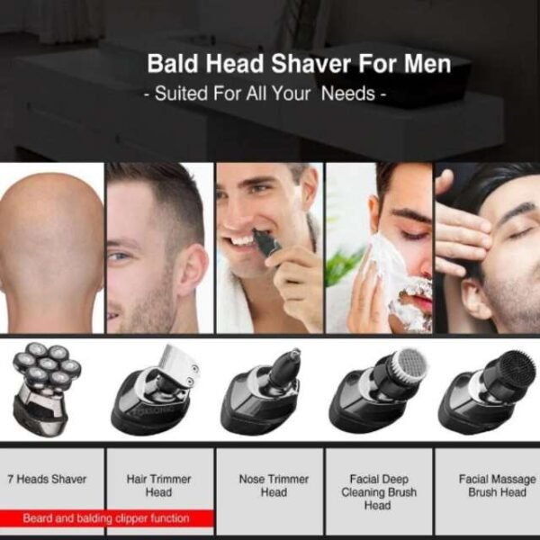 7-in-1 bald head shaver with various trimming attachments.