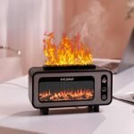 Vintage fireplace aroma diffuser in black with flame effect for relaxation.