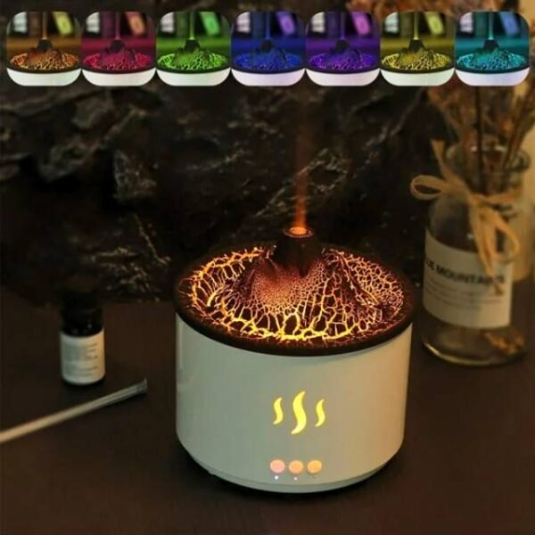 Volcano diffuser emitting 7 LED colors and turning oils into relaxing mist.