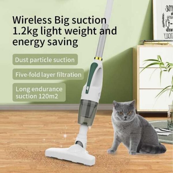 Wireless stick vacuum cleaner with lightweight design and high filtration for dust particle suction.