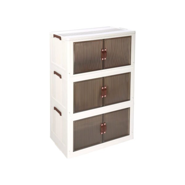 3-Tier storage cabinet with stackable boxes and lids for versatile storage.