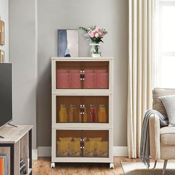 3-Tier storage cabinet in living room corner with decorative items and snacks.