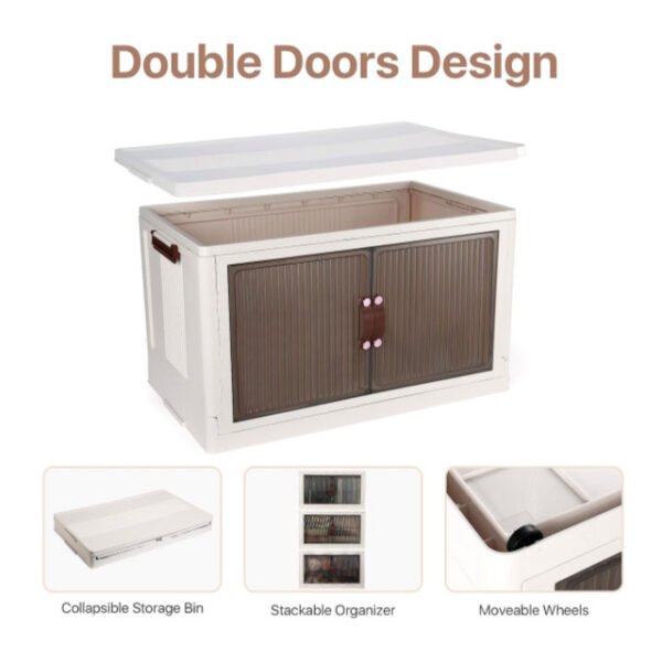 3-Tier storage cabinet with double doors, stackable, collapsible, and lockable wheels.