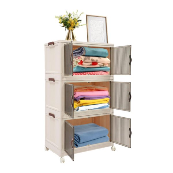 3-Tier storage cabinet open with clothes neatly stored inside.