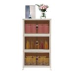 Cream white 3-Tier storage cabinet with decorative items and transparent windows.