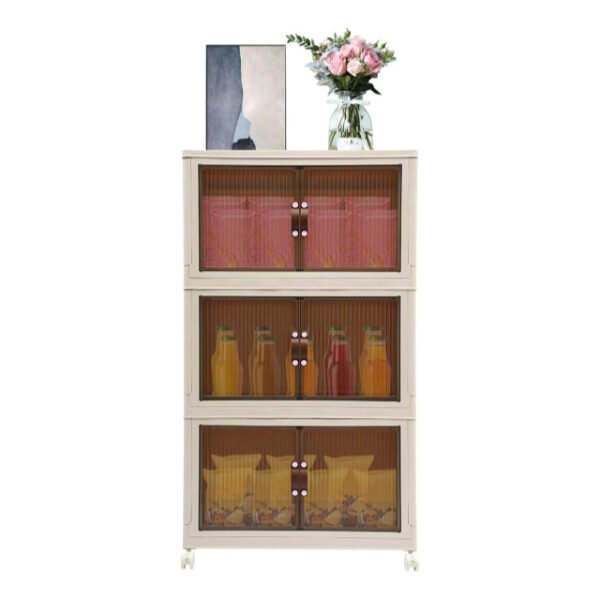 Cream white 3-Tier storage cabinet with decorative items and transparent windows.