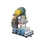 Aluminum dish drying rack on white background with dishes and utensils.