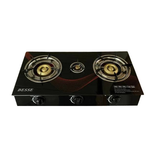 Besse gas stove in black with 3 burners and temperature control knobs.