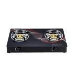 Boko gas stove with 2 burners in stylish black with red swirl design.