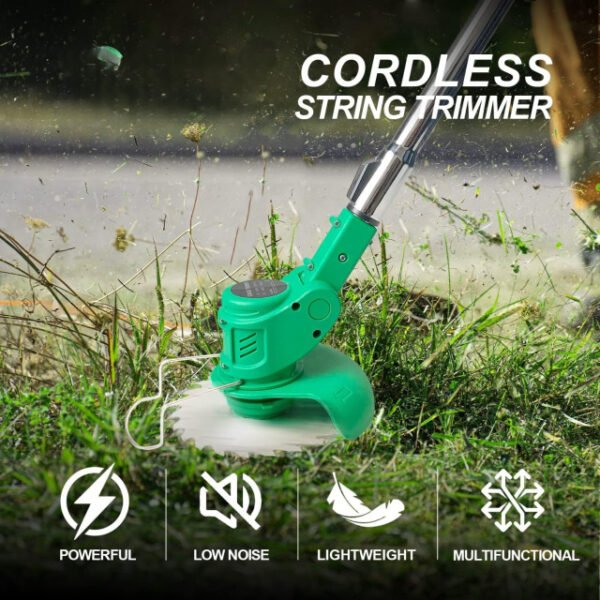 Cordless grass trimmer cutting grass, showcasing its powerful motor and lightweight design.