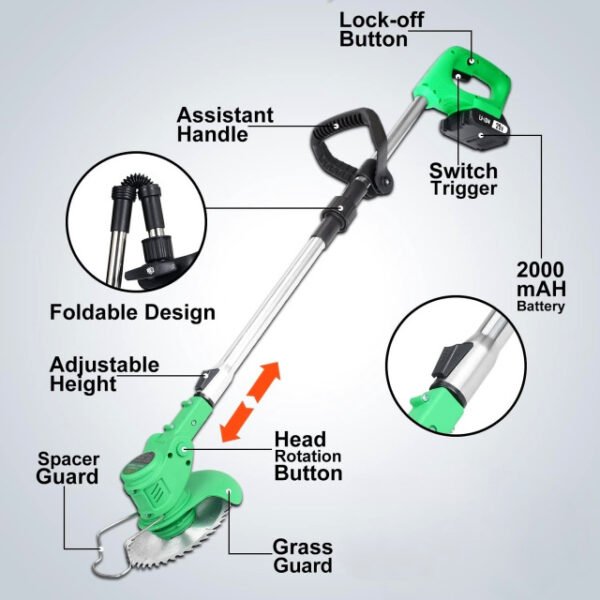 Modern cordless grass trimmer with assistant handle and adjustable length.