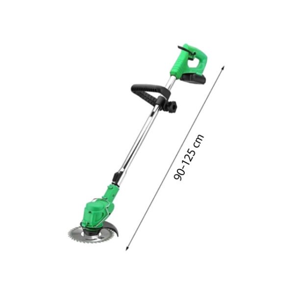 Sleek green cordless grass cutter with adjustable aluminum rod from 90-125 cm.