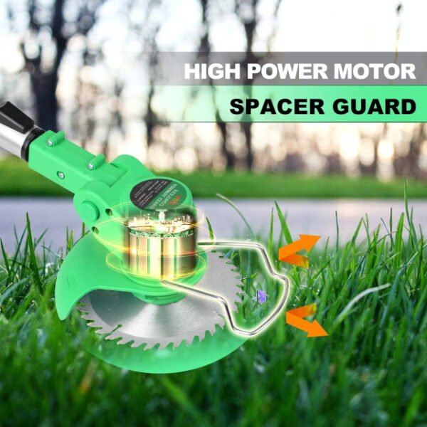 Cordless grass trimmer with spacer guard and rotating cutter head.