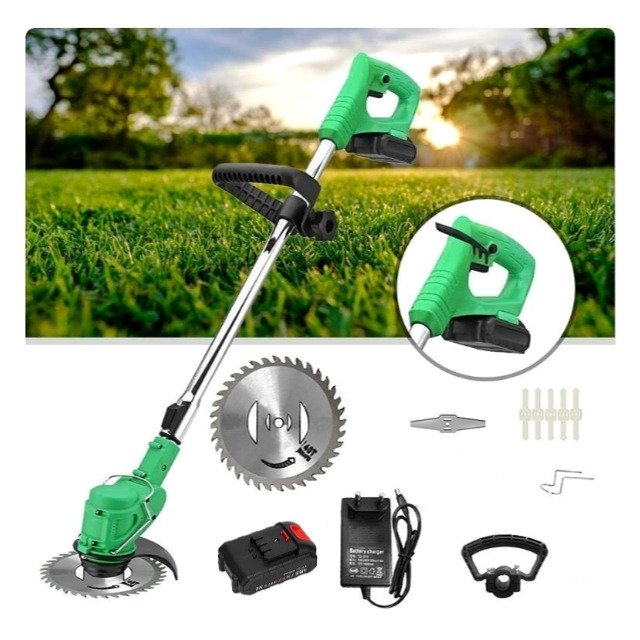 Cordless grass trimmer with 21V battery and lawn care attachments.