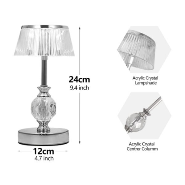 Crystal table lamp with acrylic crystal lampshade in a compact design.