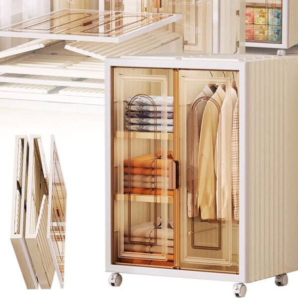 Space-saving foldable wardrobe in cream white with wheels.