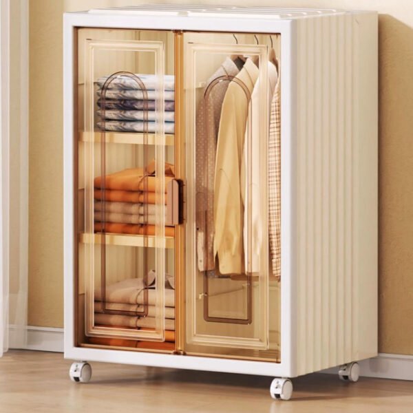 Foldable clothes wardrobe with wheels in cream white.