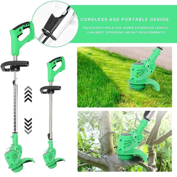 Lightweight and portable cordless grass trimmer with adjustable height.