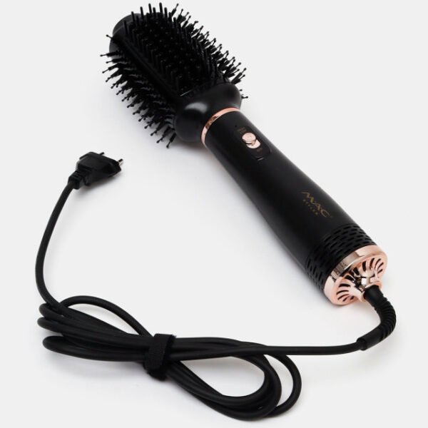 MAC hot air brush on white background with sleek design, long cord, and adjustable heat settings for frizz control and curl styling.