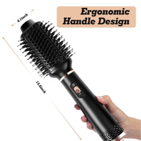 MAC hot air brush showcasing its ergonomic design and dimensions.