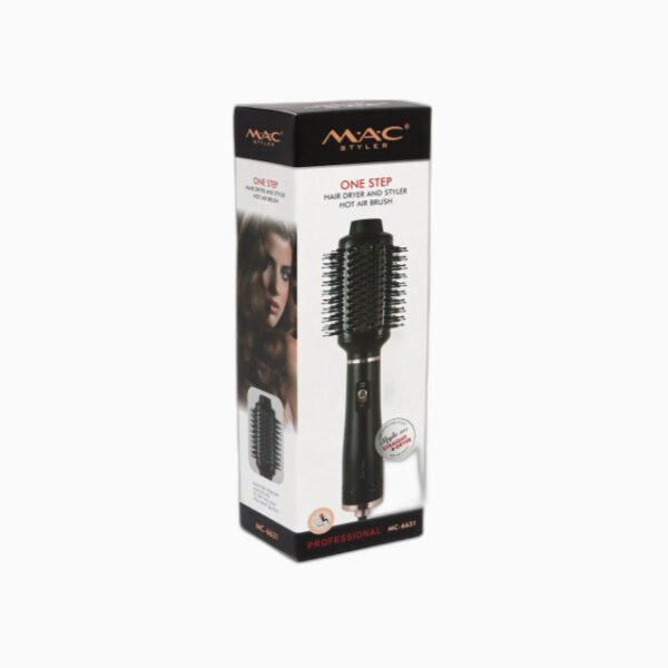 MAC hot air brush one-step styling comb in neatly packaged box.