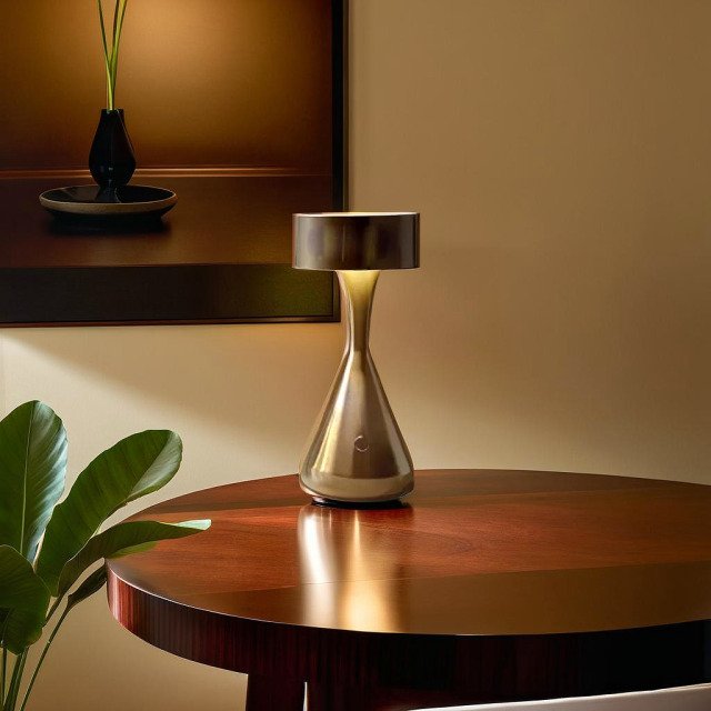 Minimalist bronze table lamp on coffee table casting a warm glow.