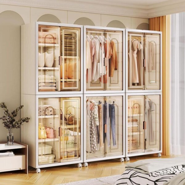 Stacked clothes cabinets showing added space in a bedroom.