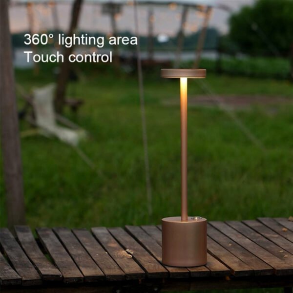 Modern table lamp providing 360-degree lighting for indoor and outdoor use.