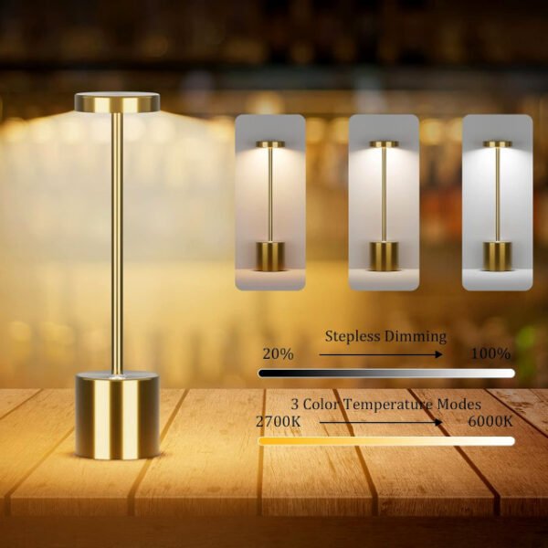 Gold modern table lamp with 3-level adjustable brightness from 2700K to 6000K.