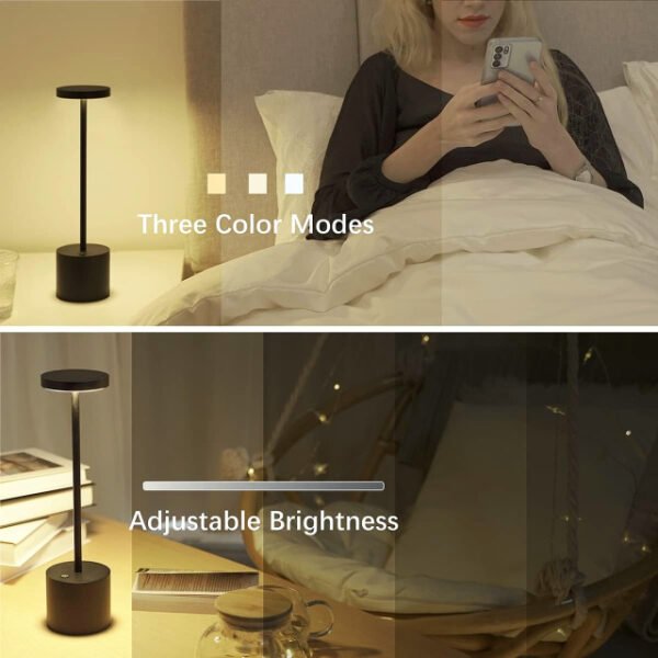 Modern table lamp with adjustable brightness levels in three LED color modes.