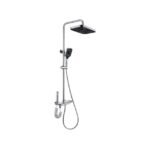 Chrome thermostatic shower mixer with top shower head, handheld unit, and spray gun.