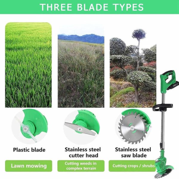 Multifunctional grass trimmer with plastic, stainless steel, and saw blades.