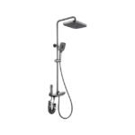 Thermostatic shower mixer with top shower head, handheld head, and spray gun.
