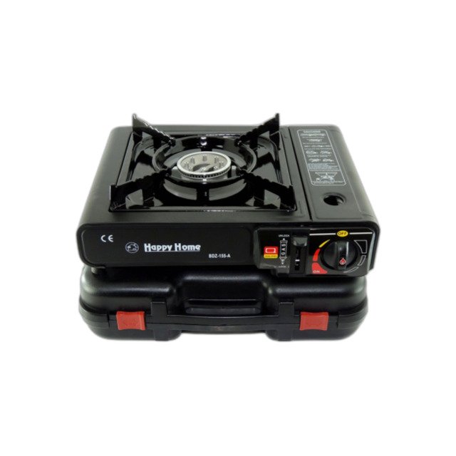 Portable gas stove for camping on carry case with heat control.