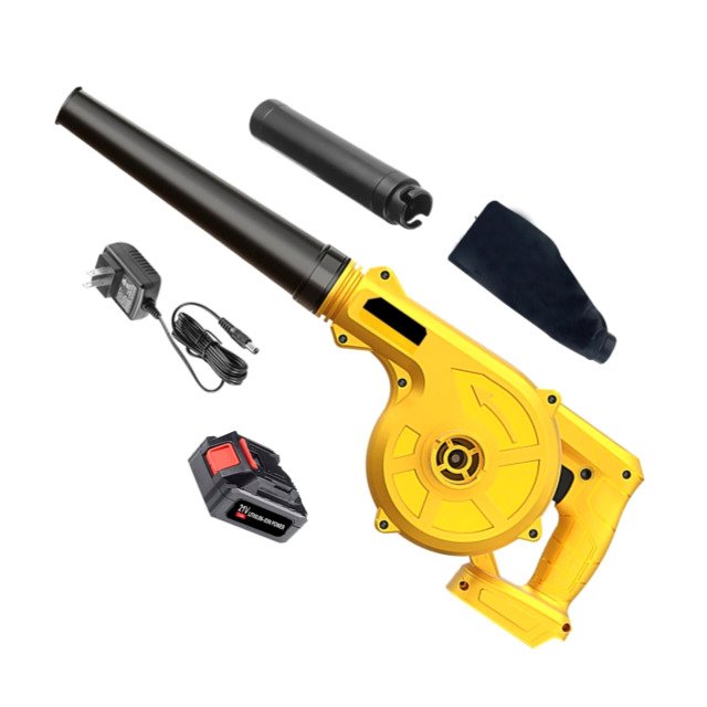 Portable leaf blower with 48V battery, nozzles, dust bag, and charger.