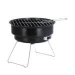 Portable outdoor grill with grill handle, two steel legs, and an ash tray.