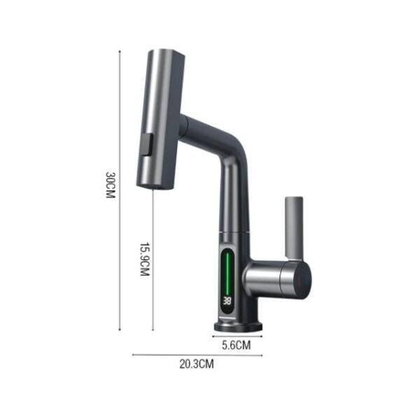 Compact pull out kitchen faucet with dimensions 30 x 20.3 cm.