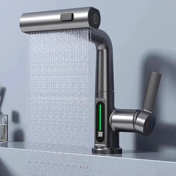 Pull out kitchen faucet in rainfall mode showing water-saving feature.